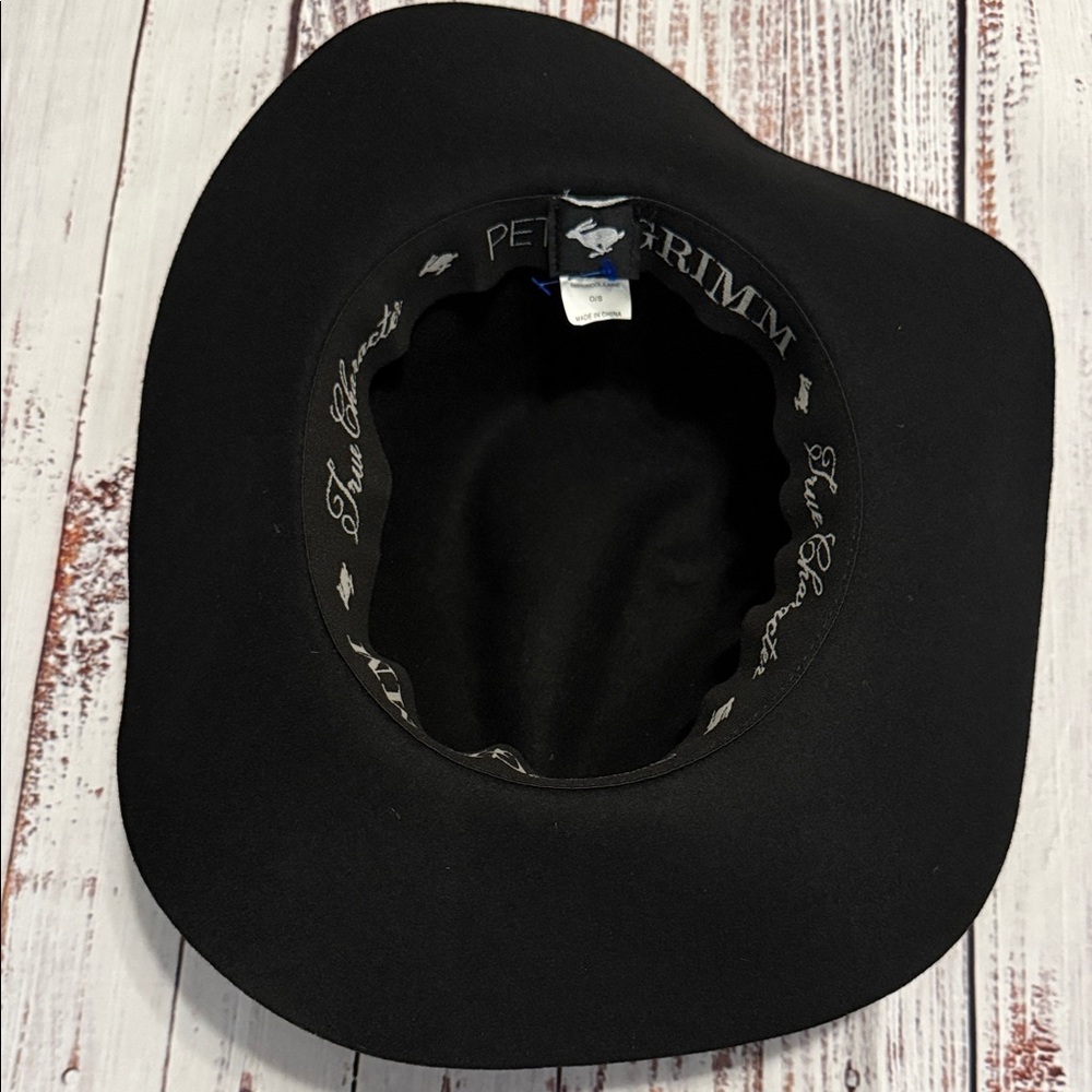 PETER GRIMM Black Wide Brim Wool Fedora Hat with Brown Leather Cord - Picture 7 of 15